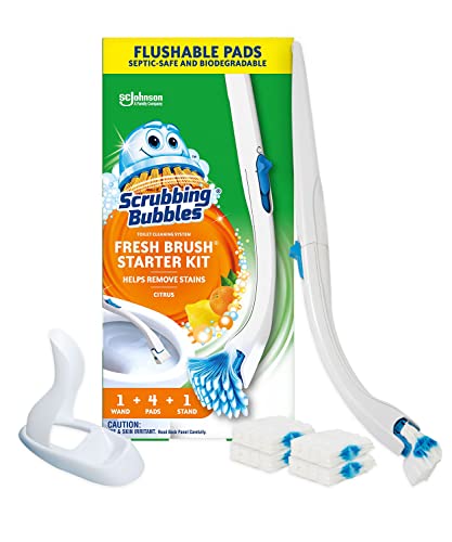 Scrubbing Bubbles Toilet Bowl Brush and Holder with Toilet Cleaner Refill Pads, Fresh Brush Toilet Wand Starter Kit,