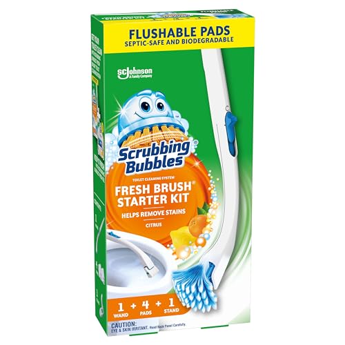 Scrubbing Bubbles Toilet Bowl Brush and Holder with Toilet Cleaner Refill Pads, Fresh Brush Toilet Wand Starter Kit,