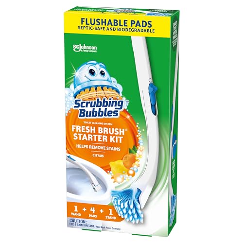 Scrubbing Bubbles Toilet Bowl Brush and Holder with Toilet Cleaner Refill Pads, Fresh Brush Toilet Wand Starter Kit,